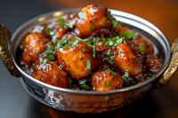 Glazed chicken meatballs in copper serving bowl with sweet and spicy Asian sauce, garnished with fresh herbs, close up view of appetizing oriental cuisine.