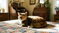 Adorable tabby cat relaxing on colorful quilt in cozy home interior with vintage furniture and warm natural lighting for pet lifestyle content.