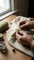 Senior woman hands knitting green wool sweater at wooden table near window with yarn balls and sewing supplies for handmade crafts and hobby projects.