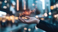 Glowing stock market candlestick chart floating above businesswoman's hand against blurred city lights background, representing financial growth and investment success.