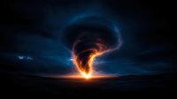 Dramatic glowing vortex of orange and blue light swirling against dark stormy sky over mountainous landscape, creating supernatural atmospheric phenomenon.