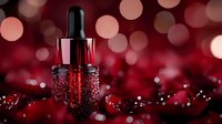 Luxury cosmetic dropper bottle with water drops on red bokeh background, elegant skincare serum packaging for beauty product photography.