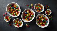 Colorful round candies in white bowls on dark slate surface. Sweet treats arranged in various sized containers for party, celebration or confectionery display.
