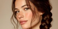 Young woman with natural makeup and braided hairstyle looking at camera with soft lighting and neutral background for beauty and skincare concepts.