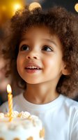Adorable mixed-race toddler girl with curly hair looking up with wonder at birthday cake candle flame, celebrating special moment with joyful expression.