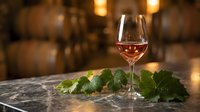 Glass of rose wine on marble table with grape leaves in cellar with wooden barrels background for tasting events and vineyard tours.