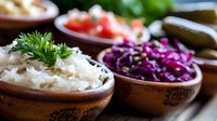 Fresh sauerkraut and pickled red cabbage served in wooden bowls with dill garnish, traditional fermented vegetables for gut health and probiotics.