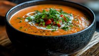 Creamy tomato soup garnished with fresh herbs and red pepper in black ceramic bowl on rustic wooden table for restaurant menu and food photography.