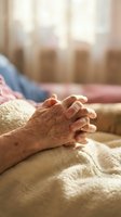 Elderly hands clasped together in prayer or meditation, resting on soft blanket in warm sunlight streaming through window creating peaceful moment.
