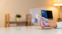 Caucasian woman's hand touching transparent digital interface with holographic icons and network connections on glass screen in modern office workspace.