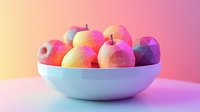 Low poly apples in white ceramic bowl on gradient background with soft pink and orange lighting, modern minimalist art style for food and design concepts.