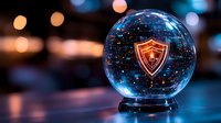 Glowing shield icon inside crystal sphere with digital network pattern against blurred bokeh background, cybersecurity concept visualization.