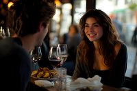 Young couple enjoying romantic dinner date with red wine and food at cozy restaurant with warm ambient lighting for dining and relationship concepts.