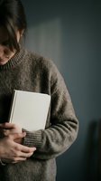 Young woman in cozy knit sweater holding white book in contemplative pose against moody blue background for lifestyle and reading concepts.