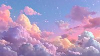Dreamy pastel sky with fluffy pink and purple clouds against a soft blue background, creating a magical atmosphere for fantasy designs.
