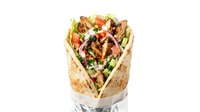 Delicious wrap sandwich filled with fresh vegetables, grilled meat, and sauce, isolated on white background for food service and restaurant menu design use.