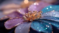 Macro shot of delicate flower petals in purple and turquoise with water drops and bokeh effect creating dreamy atmosphere, golden stamens catching light.