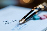 Business planning document with fountain pen showing 2026 action plan for goal setting and strategic development in corporate environment.