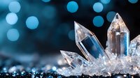 Clear quartz crystal points with blue bokeh background, macro photography showing mineral formation details and light refraction in mystical atmosphere.