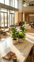 Modern office lobby with green plants on marble table creating welcoming workspace atmosphere for business meetings and corporate hospitality design.