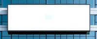 Large blank white billboard mounted on modern glass office building facade with blue reflective windows, mockup for outdoor advertising display.