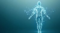 Glowing digital human figure made of connected dots and lines floating on turquoise background, representing artificial intelligence and future technology concept.