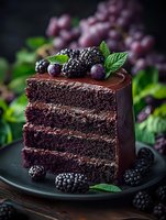 Rich chocolate layer cake slice garnished with fresh blackberries, mint leaves and dark chocolate ganache on black plate, moody food photography with natural styling.