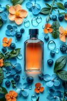 Perfume bottle surrounded by blue hydrangea flowers, orange blossoms, fresh blueberries, green leaves and water drops on turquoise background. For beauty and spa.