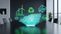 Futuristic holographic display showing green energy concepts with solar panels, wind turbines and recycling symbols in modern conference room for sustainability.