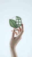 Hand holding green eco-friendly globe and leaf symbol representing environmental sustainability and conservation on white background.
