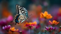 Swallowtail butterfly with distinctive black and white wings perched on vibrant orange flower in colorful garden with pink and purple blooms against blurred background.
