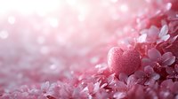 Pink glittery heart nestled among delicate cherry blossom petals with soft bokeh lights creating romantic Valentine's Day atmosphere for love themed designs.