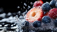 Fresh strawberries and blueberries with water splash and droplets on dark background, macro shot of mixed berries in dynamic composition.