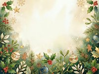 Festive holiday frame with evergreen branches, gold stars, ornaments, and red berries on cream background. Perfect for seasonal greeting cards, invitations, and holiday marketing materials.