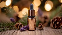 Brown glass essential oil dropper bottle with pine cones and dried lavender on rustic wood surface against warm bokeh lights background. Natural aromatherapy concept.
