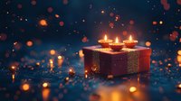 Glowing diwali lamps on decorative gift box with magical bokeh lights and sparkles against dark background, festive holiday celebration atmosphere.