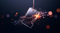 Smartphone screen shattering with dramatic water splash and light effects against dark background, creating dynamic motion and energy in modern tech concept.