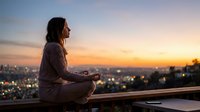 Young woman meditating in lotus pose on rooftop at sunset with city skyline view. Peaceful mindfulness practice during golden hour for wellness and relaxation.