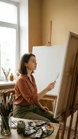 Young Caucasian female artist painting on canvas easel in bright art studio workspace with natural window light and art supplies for creative projects.