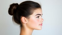 Side profile of young Asian woman with hair bun and natural makeup against light background, expressing serenity and confidence. Suitable for beauty and wellness concepts.