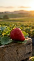 Fresh ripe strawberry with green leaves on rustic wooden surface overlooking agricultural farmland at golden hour sunset for organic farming concepts.