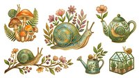 Vintage botanical garden elements with mushrooms, snails, teapot, watering can and greenhouse isolated on white background for design projects.