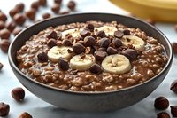 Chocolate oatmeal bowl topped with fresh banana slices, chocolate chips and hazelnuts. Healthy breakfast porridge with rich cocoa flavor served in dark ceramic bowl.