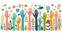 Colorful raised hands among blooming flowers, hearts, and light bulbs symbolizing community growth, diversity, volunteering, and environmental awareness.