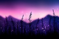 Dreamy purple twilight landscape with silhouetted grass and wildflowers against gradient sky. Magical evening scene with glowing particles for nature backgrounds.