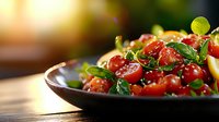 Fresh cherry tomatoes and basil leaves on dark ceramic plate with golden sunlight, selective focus creates appetizing glow for food photography and menu design.