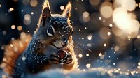 Adorable squirrel holding acorn in snowy winter scene with magical bokeh lights creating festive holiday atmosphere for seasonal greeting cards.