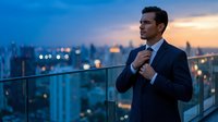 Professional businessman adjusting tie on rooftop terrace overlooking illuminated city skyline at dusk for corporate success and leadership concepts.