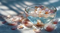 Transparent glass bowl filled with colorful healing crystals and gemstones in soft sunlight with shadow patterns, for spiritual wellness practices.