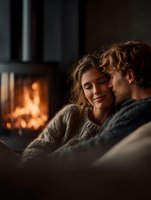 Young couple cuddling by fireplace in cozy sweaters enjoying romantic evening at home together creating warm intimate atmosphere for winter lifestyle content.
